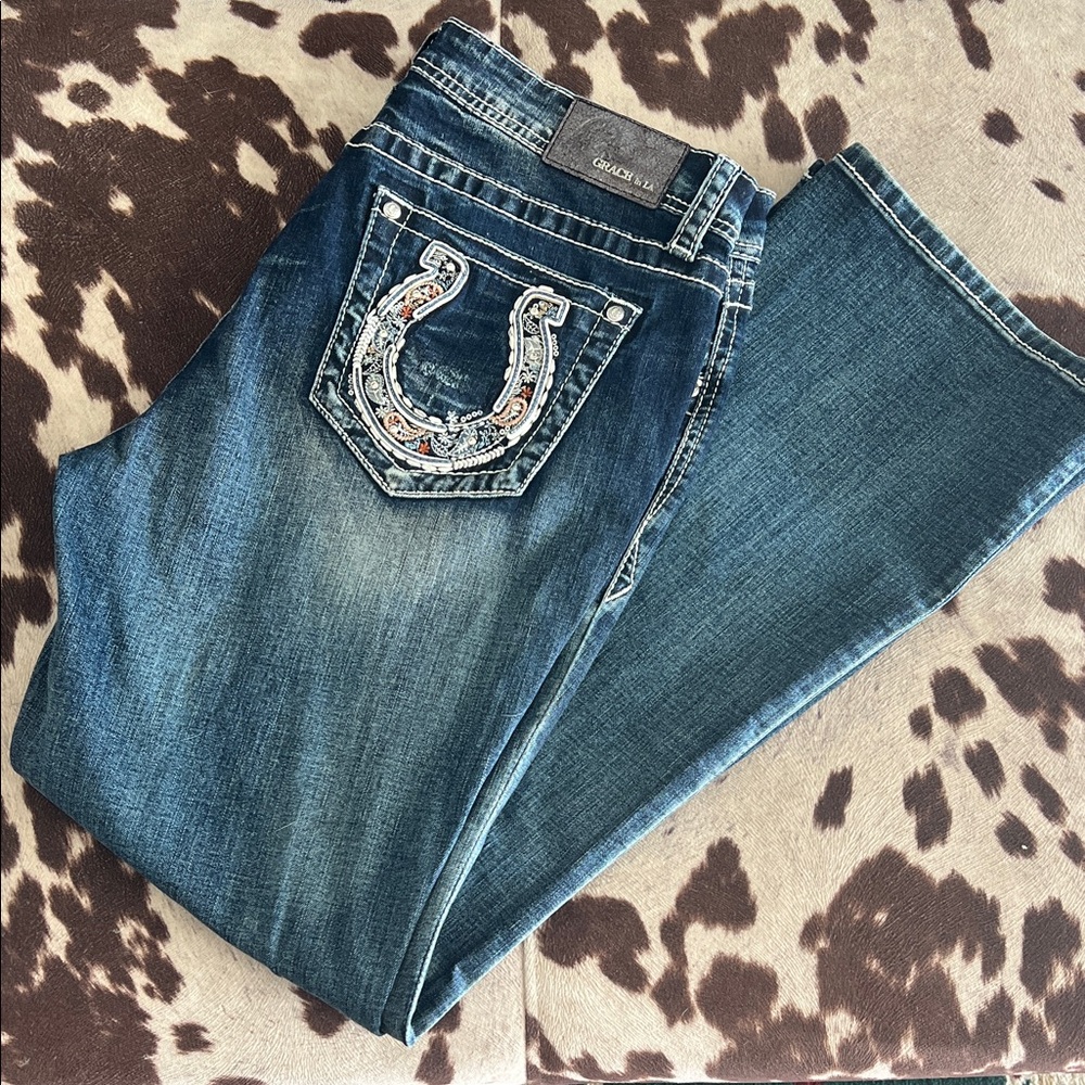 Grace in LA Women's Embellished Blue Boot Cut Jeans